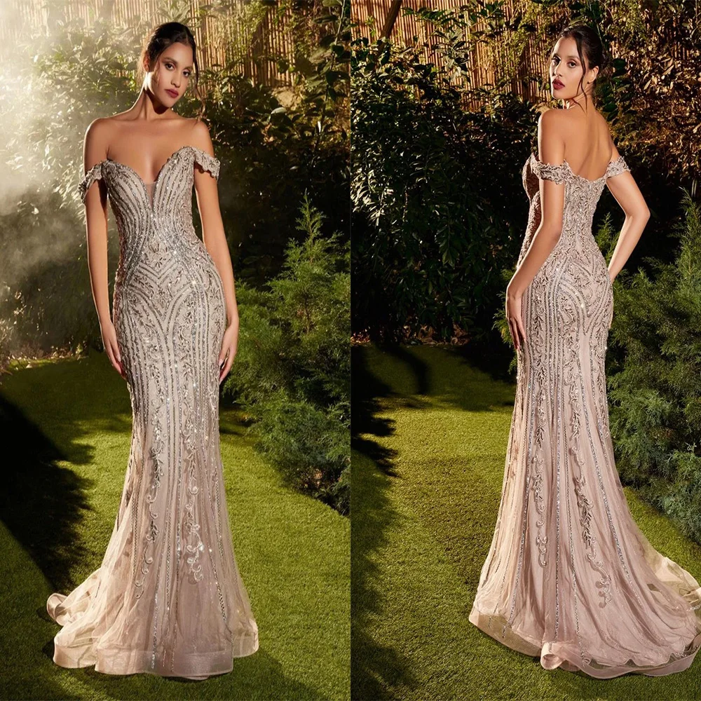 

DRESS FORU Gorgeous Evening Dress Tulle for Floor-Length Off the Shoulder Prom Party Beading Mermaid Robe De Soirée Customized