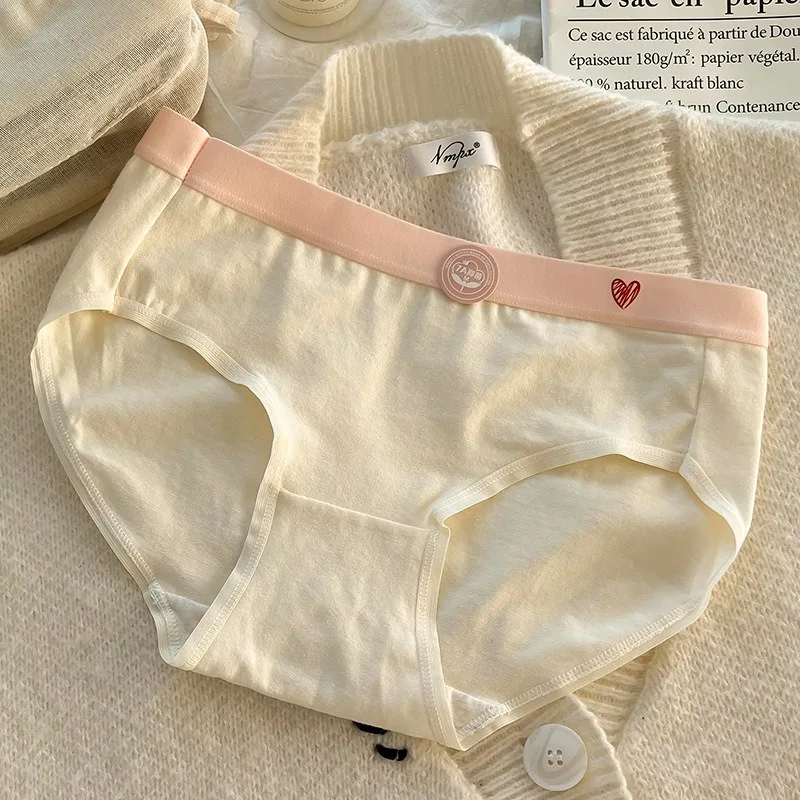 SP&CITY Love Heart Print Cotton Underwear for Women Mid Waist Sweet Breathable Seamless Panties Sports Comfort Soft Daily Briefs