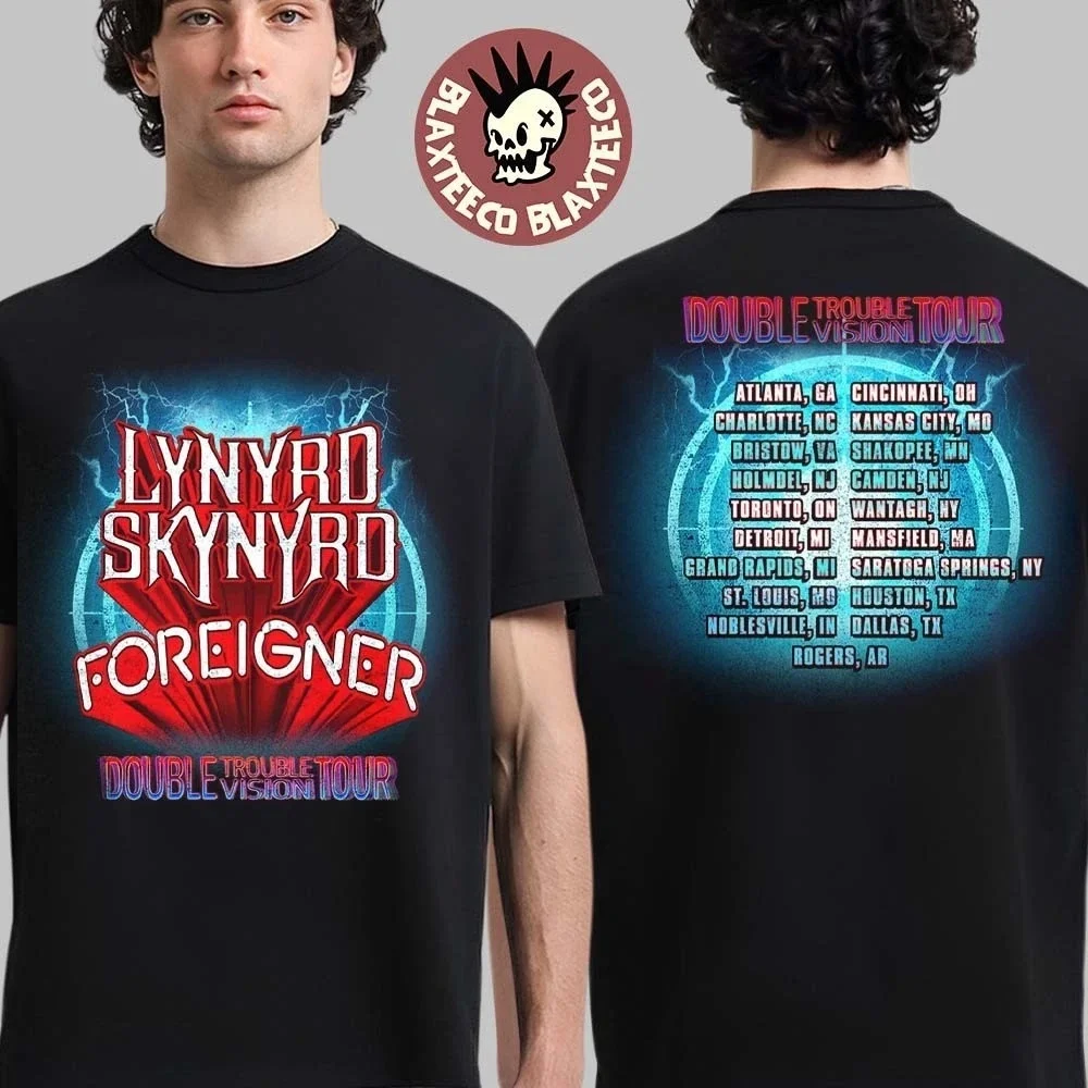 Camiseta de algodão 2026 Foreigner Lynyrd Skynyrd Double Trouble Vision Tour. Confortável, Respirável, de Alta Qualidade. Tendência