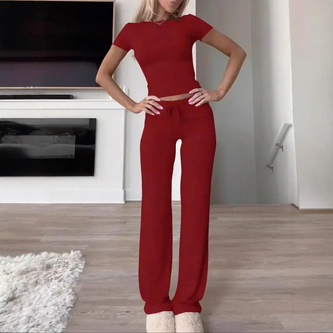 Nuova collezione estiva da donna Set solidi Spalla moda Manica corta Crop Top Set Pantaloni lunghi Set due pezzi Tute sportive per la casa
