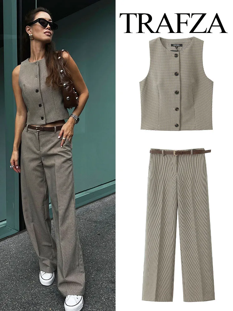 TRAFZA Women Autumn Fashion Suits O-Neck Sleeveless Single Breasted Vest Tops+High Waist Belt Button Zipper Trousers Female Set