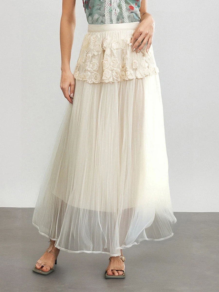 

Women's 3D Floral Tulle Skirt High Waist A-Line Long Flowy Skirt for Summer, Spring