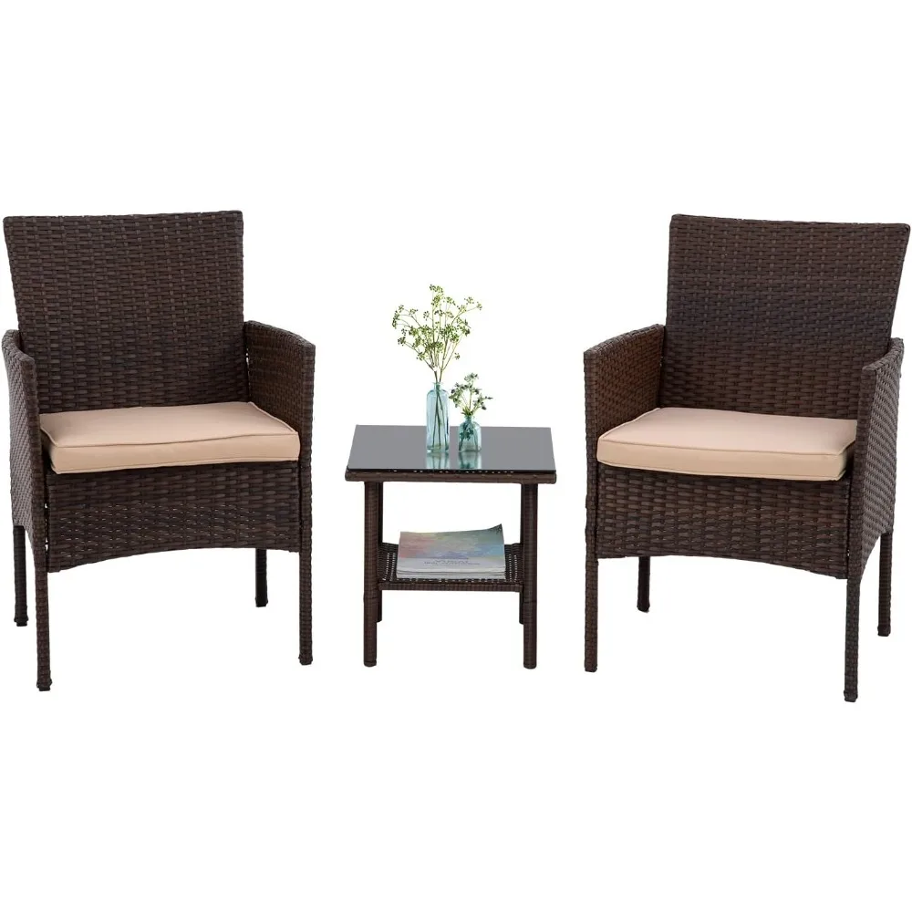 

3 Piece Furniture Patio Chairs Wicker Outdoor Rattan Conversation Bistro Set For Backyard Porch Poolside Lawn (Brown)