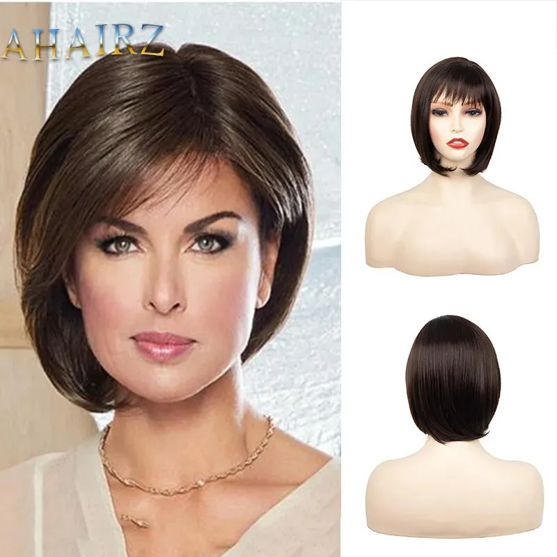 Peruca curta reta bob ombre bla para mulheres uso diário peruca de cabelo sintético natural com franja resistente ao calor