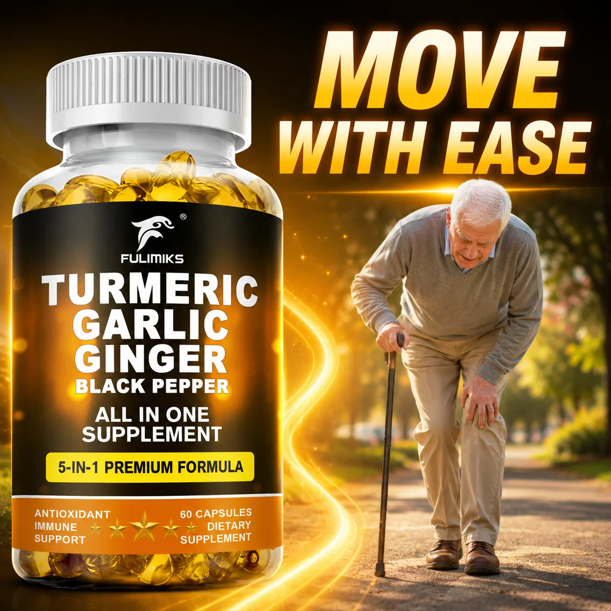 Turmeric Garlic Ginger Black Pepper Supplement, 5‑in‑1, for Joint & Body Comfort, Immune System Support, Cardiovascular Heart