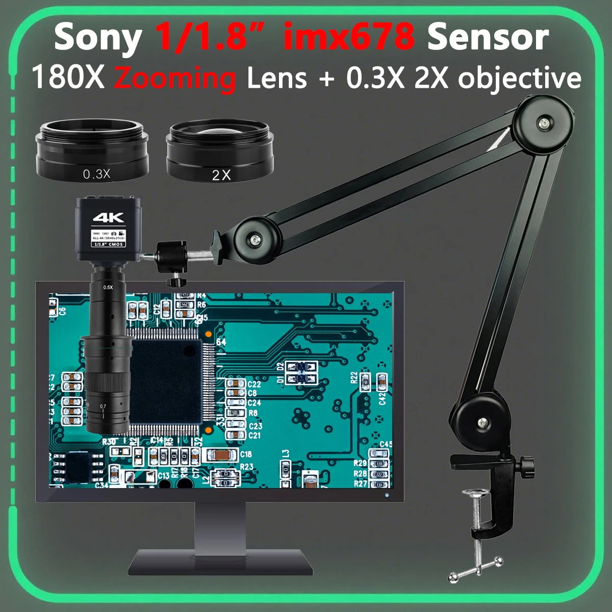 YIZHAN 4K Elektronisches Digitalmikroskop zum Löten mit 1/1,8' IMX678 Sensor Mikroskopkamera 180X Zoomobjektiv Gelenkarm