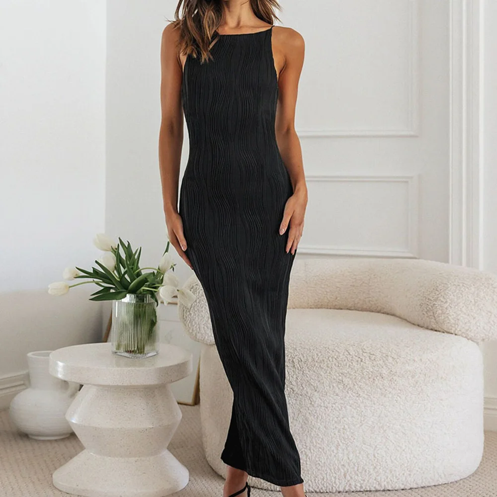 

Sexy Women Long Sleeveless Slim with Back Split Dress Elegant Ribbed Bodycon Slip Dresses Black Party Vestidos Vacation Sundress