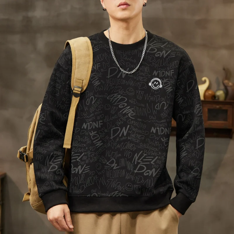 

2024 New Autumn Fashion Street Long-Sleeved Sweater Men's Loose All-Match Trendy Printed Casual Top