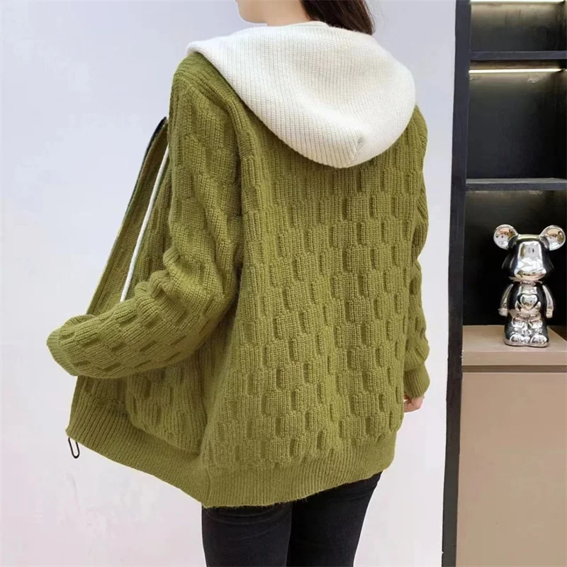 2024 Spring Autumn New Fashion Long sleeve Zipper Knit Cardigan Women\'s Hooded Sweater Coat All-Match Knitwear Ladies Tops