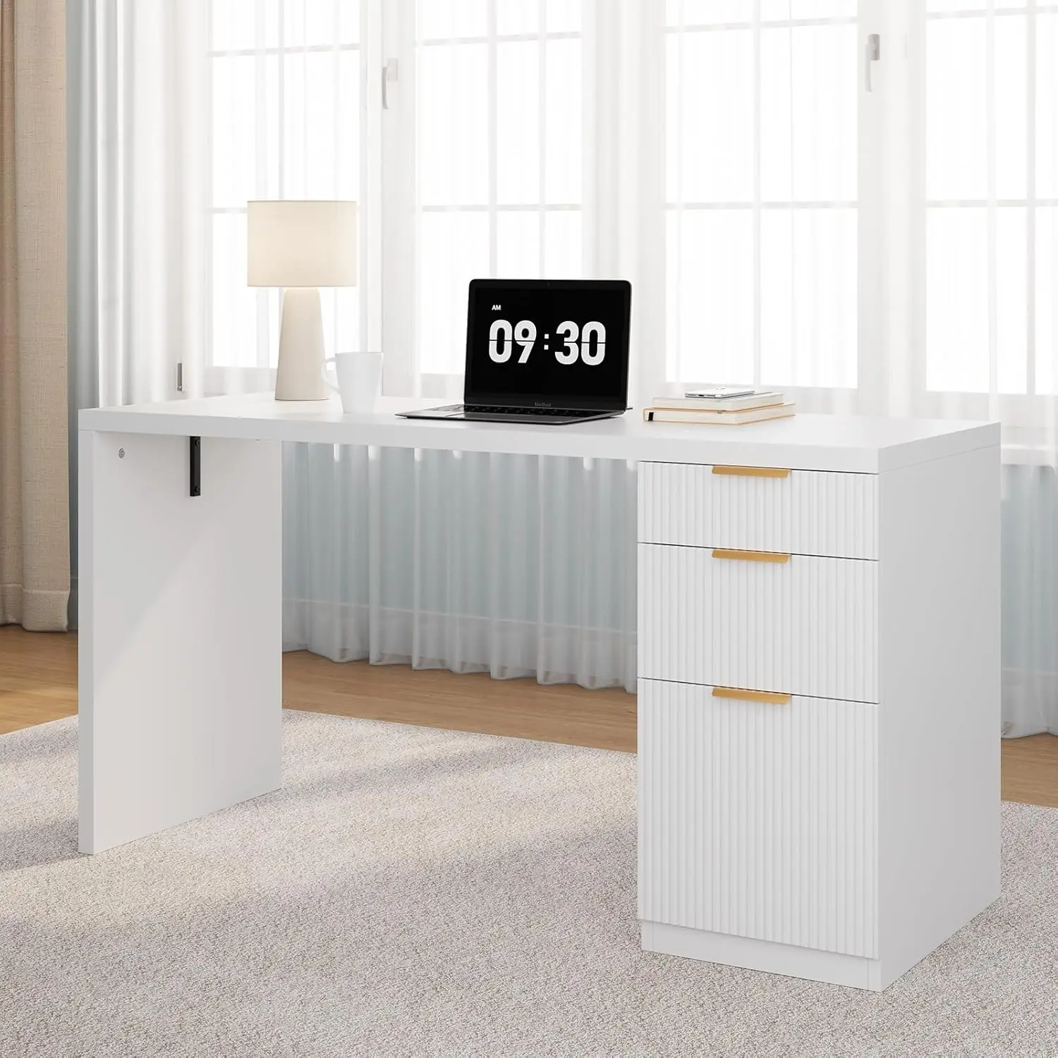 Bureau de direction moderne de 58 pouces avec rangement, bureau de télétravail avec tiroir et armoir