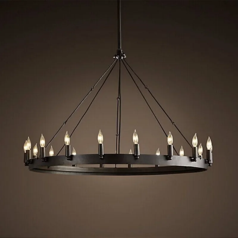 

Farmhouse Vintage Ring Chandelier American Industrial Black Iron Hanging Light Villa Hotel hall Living Room Restaurant LED lamp