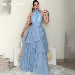 Nersesyan Baby Blue Tulle Formal Prom Dresses Halter Backless A-Line Evening Dress Tiered Ruffles Graduation Party Gowns Solid