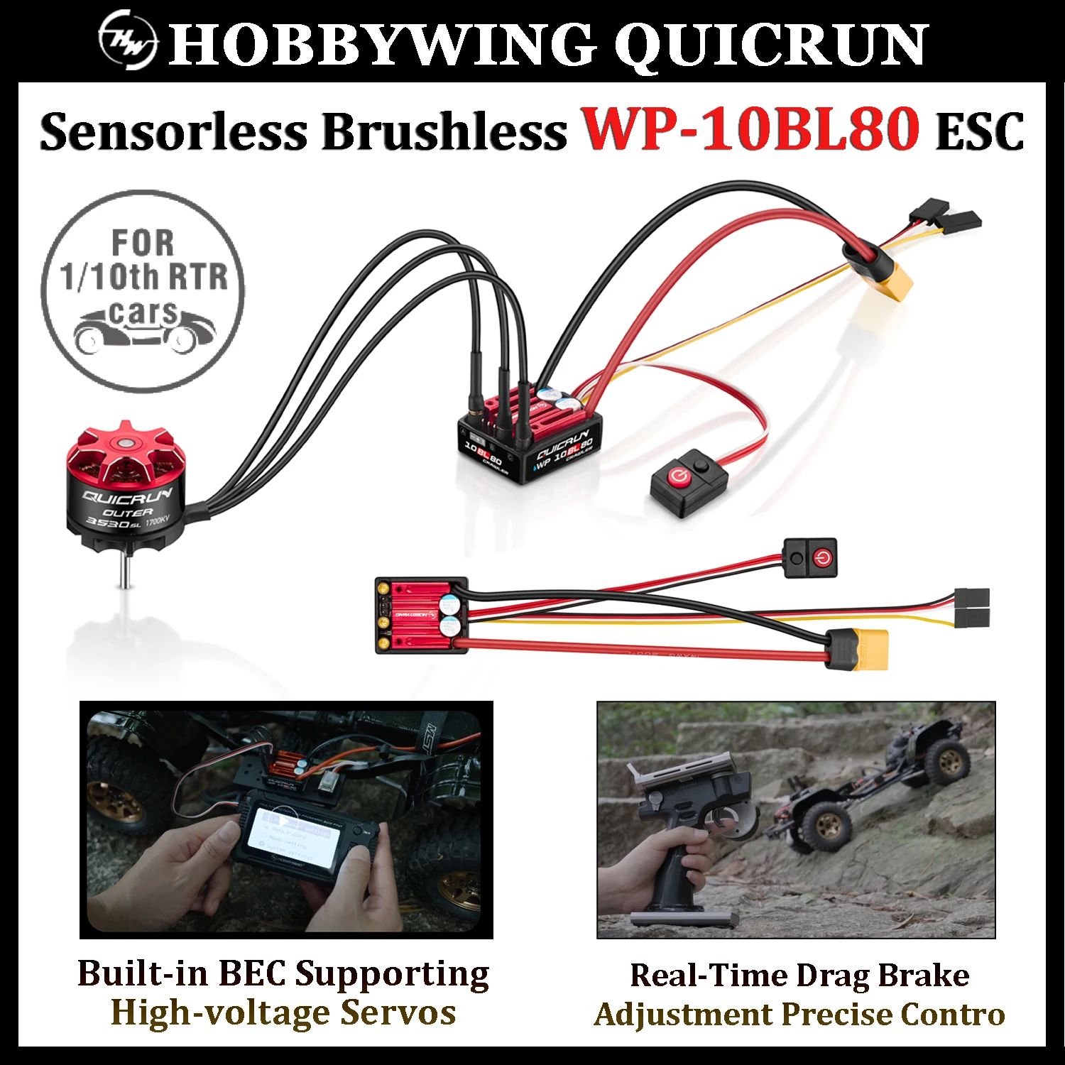 

HOBBYWING QuicRun безсенсорный бесщеточный WP 10BL80 80A ESC 2-4S поддержка режима двойного привода для 1/10 RC гусеничных внедорожных моделей автомобилей
