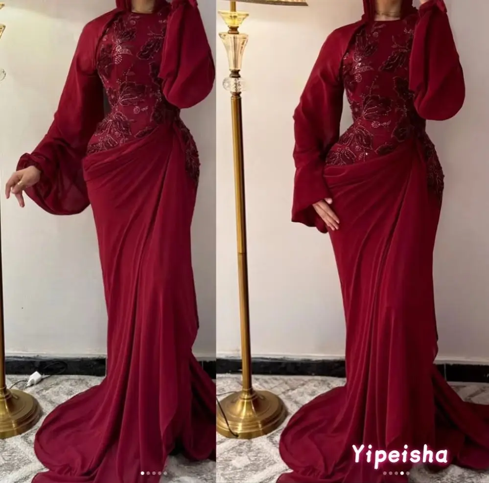

Customized Mermaid Evening Dresses Floor-length O-neck Full Sleeve Prom Gown Fashion Flowers Sequins Simple Draped Party Gown