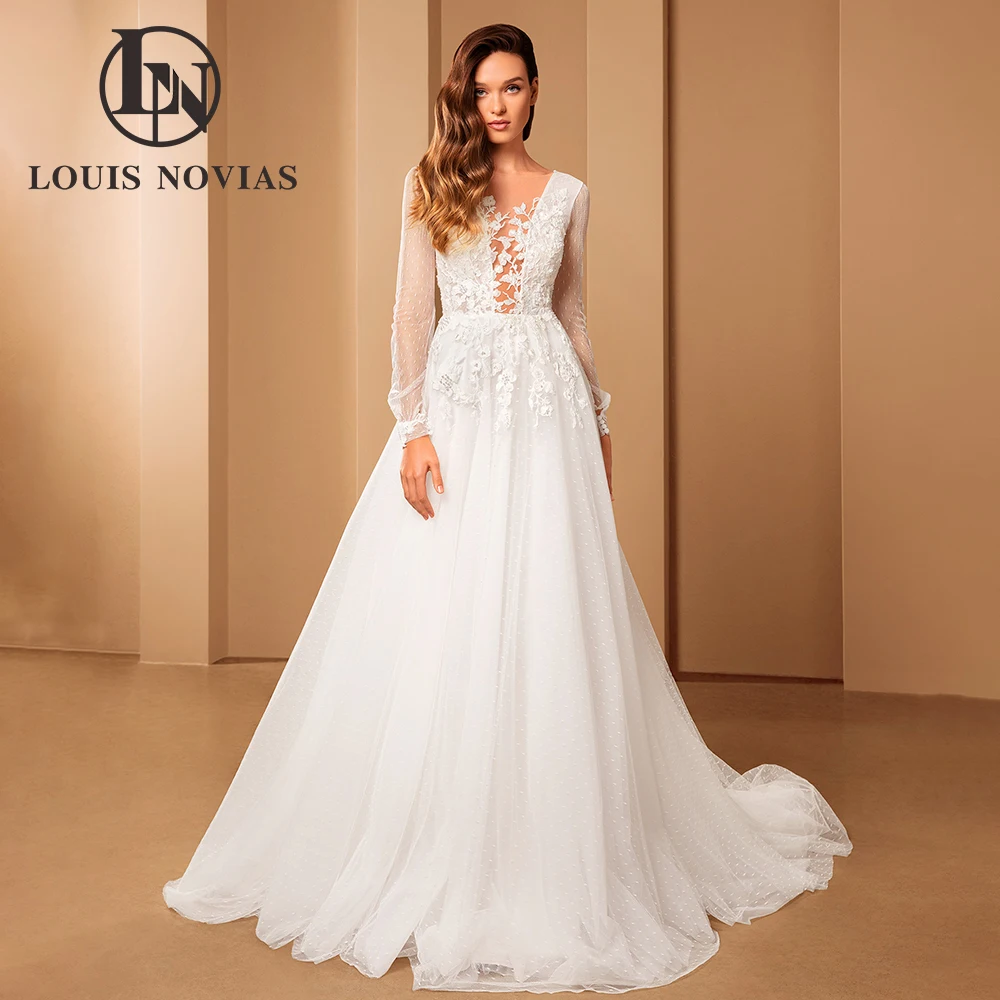 LOUIS NOVIAS Deep V-neck Wedding Dresses For Women Sexy Bride Long Sleeves Appliques Train A-Line Bridal Gown Vestidos De Novia