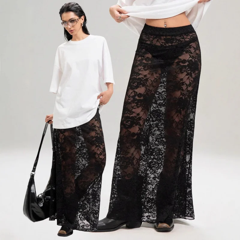 

Wind2025Autumn New Women's Solid Color Slim Fit Bodycon Street Fashion High Waist Lace Skirt