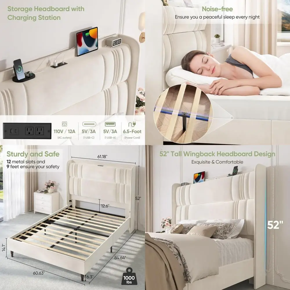 52 Estructura de cama con plataforma de terciopelo beige con cabecero alto con respaldo de ala, tapizado, estación de carga, sin somier, fácil montaje, St