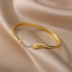 Stainless Steel Snake Bracelets for Women Vintage Gold Plated Texture Adjustable Animal Snake Bangle Female Wedding Jewelry