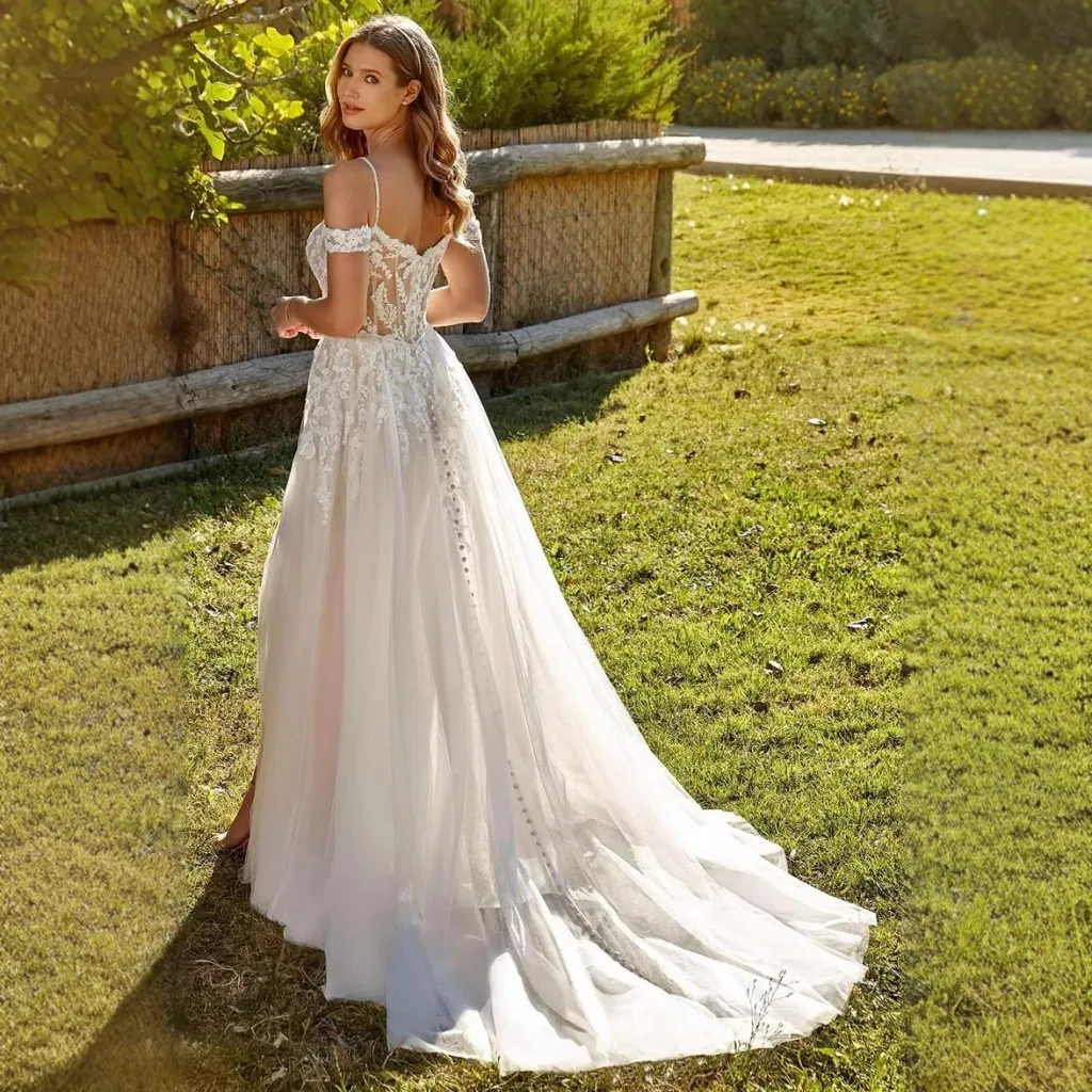 Vestido de novia de tul de encaje con forma de corazón de manga corta, vestido de novia con abertura alta y cola de corte