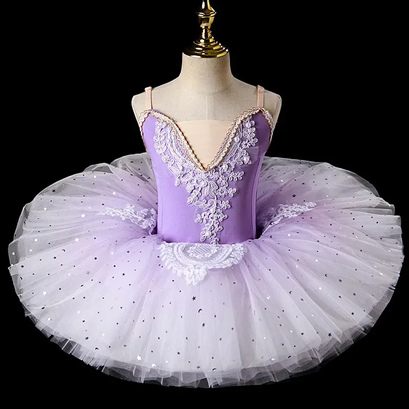 2023 neue Ballerina Fee Abschluss ball Party Kostüm Kinder blau Pailletten Blumen kleid Mädchen tanzen tragen Gymnastik Ballett Tutu Kleid