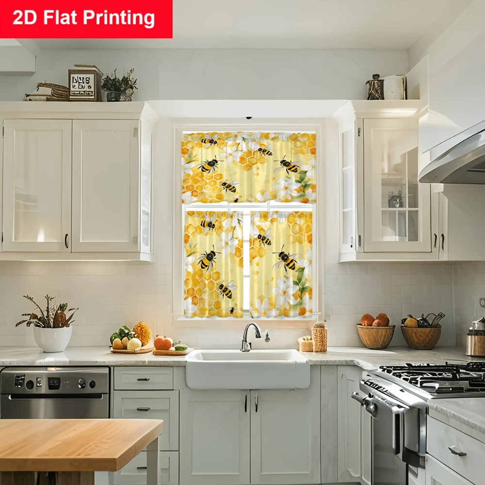 Short Kitchen Curtains Set, Honey Bee Floral Print, Farmhouse Style, Valance and Tier Curtains, Great Kitchen Window Decor