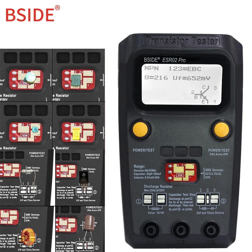 BSIDE Multipurpose Transistor Tester Diode, Triode, Capacitance & Resistance Multimeter, MOS/PNP/NPN SMD Tester ESR02pro