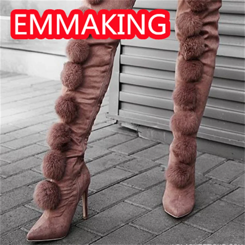 كرات كبيرة رقيق أشار تو حذاء برقبة للركبة الشتاء النساء 2024 نسيج مرن موضة الانزلاق على الجوارب الطويلة ضئيلة مثير حجم 44