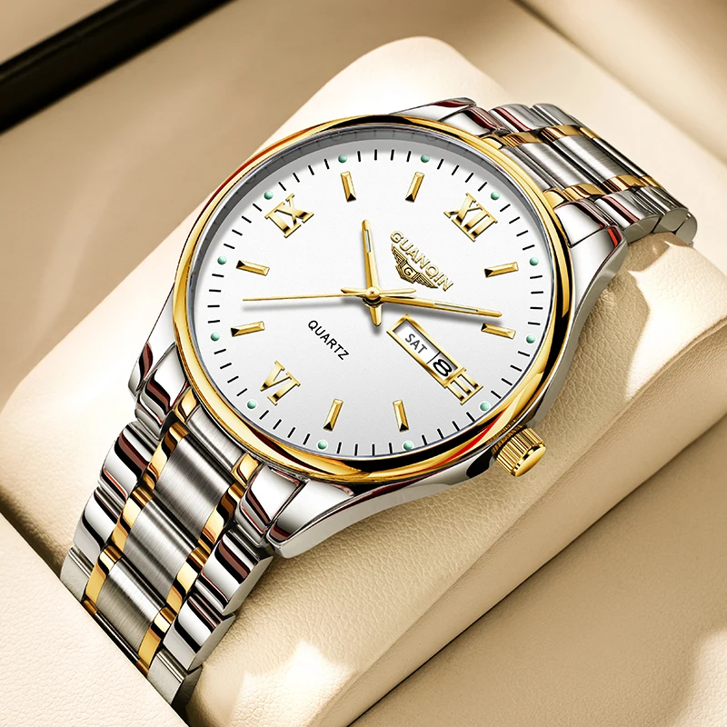 Luxury Men Quartz Watch GUANQIN Brand Stainless Steel Case Date Week Business Leisure 50M Waterproof Luminous Wristwatches
