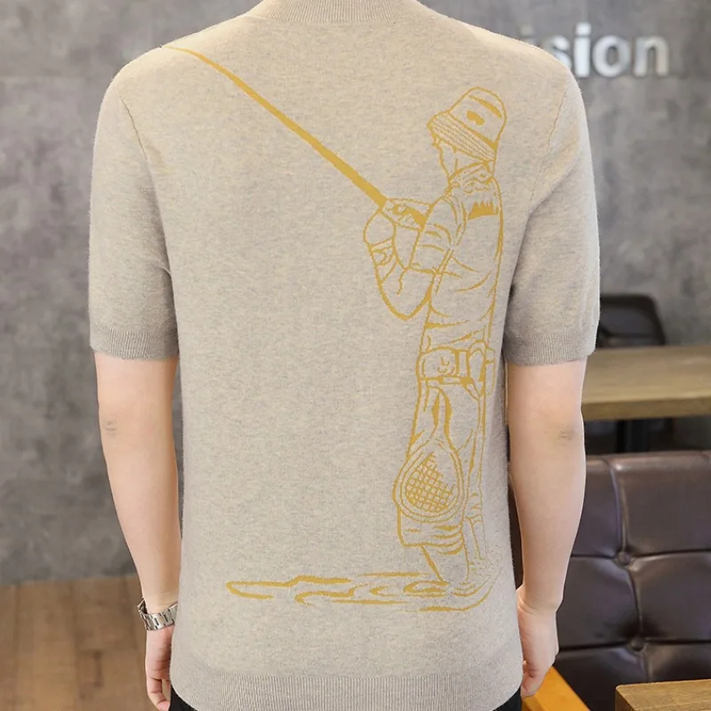 Light Luxury Pattern Jacquard O Neck Knit T Shirts Autumn Short Sleeve Korean Popular Retro Knitwear Pullover Social Streetwear image 5