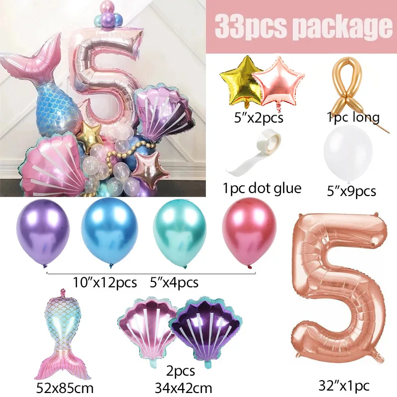 33-teiliges Ballon-Set mit Meerjungfrauenschwanz, Roségold, Zahlenfolienballon, Säulen-Set für Kindergeburtstag, Party-Dekoration, Meerjungfrau-Party, Globos – Detail 5