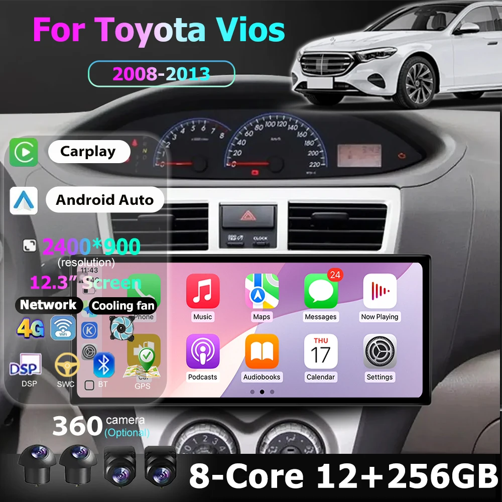 12.3 Inch Wireless Carplay Android 16 Auto For Toyota Vios 2008-2013 BT GPS 2400*900P Multimedia Player Stereo WIFI WIFI DSP
