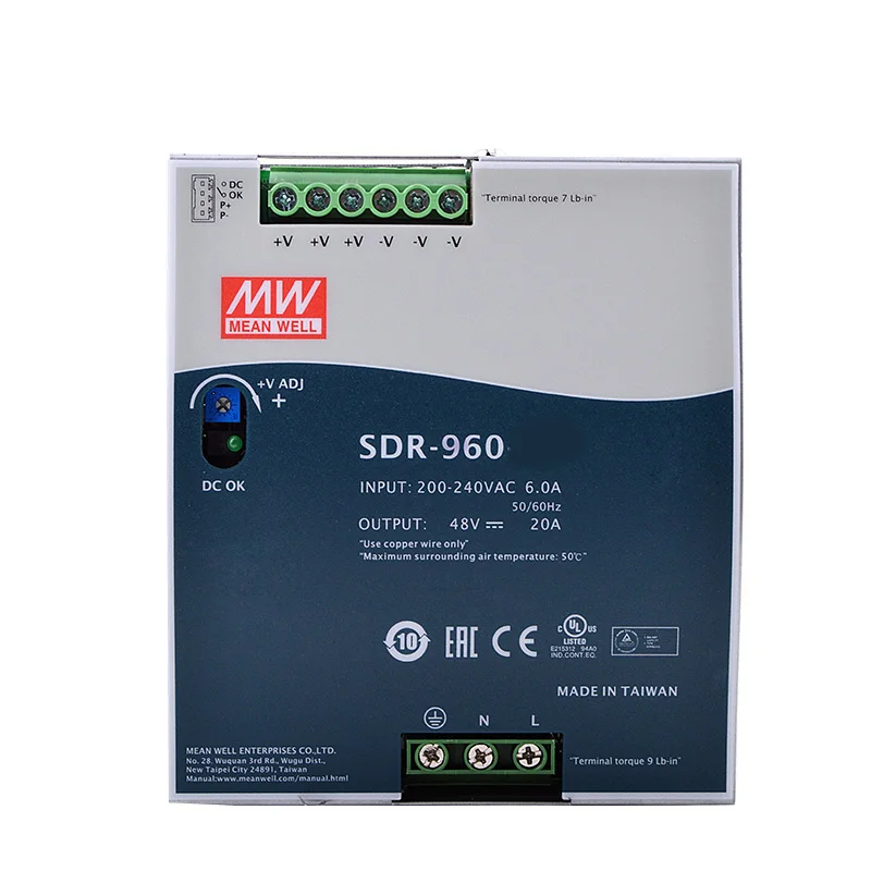 

Meanwell SDR-960-24 960 Вт, 24 В, 40 А, AC-DC с одним выходом, PFC и параллельной функцией, промышленный импульсный источник питания на DIN-рейку