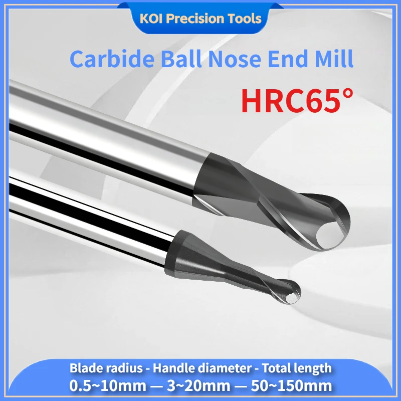 2F Carbide Ball Nose End Mill 2 Flutes HRC65 Tungsten Steel Ball Head Milling Cutter 2 Edges R0.5-R10 High Hardness Nano Coating