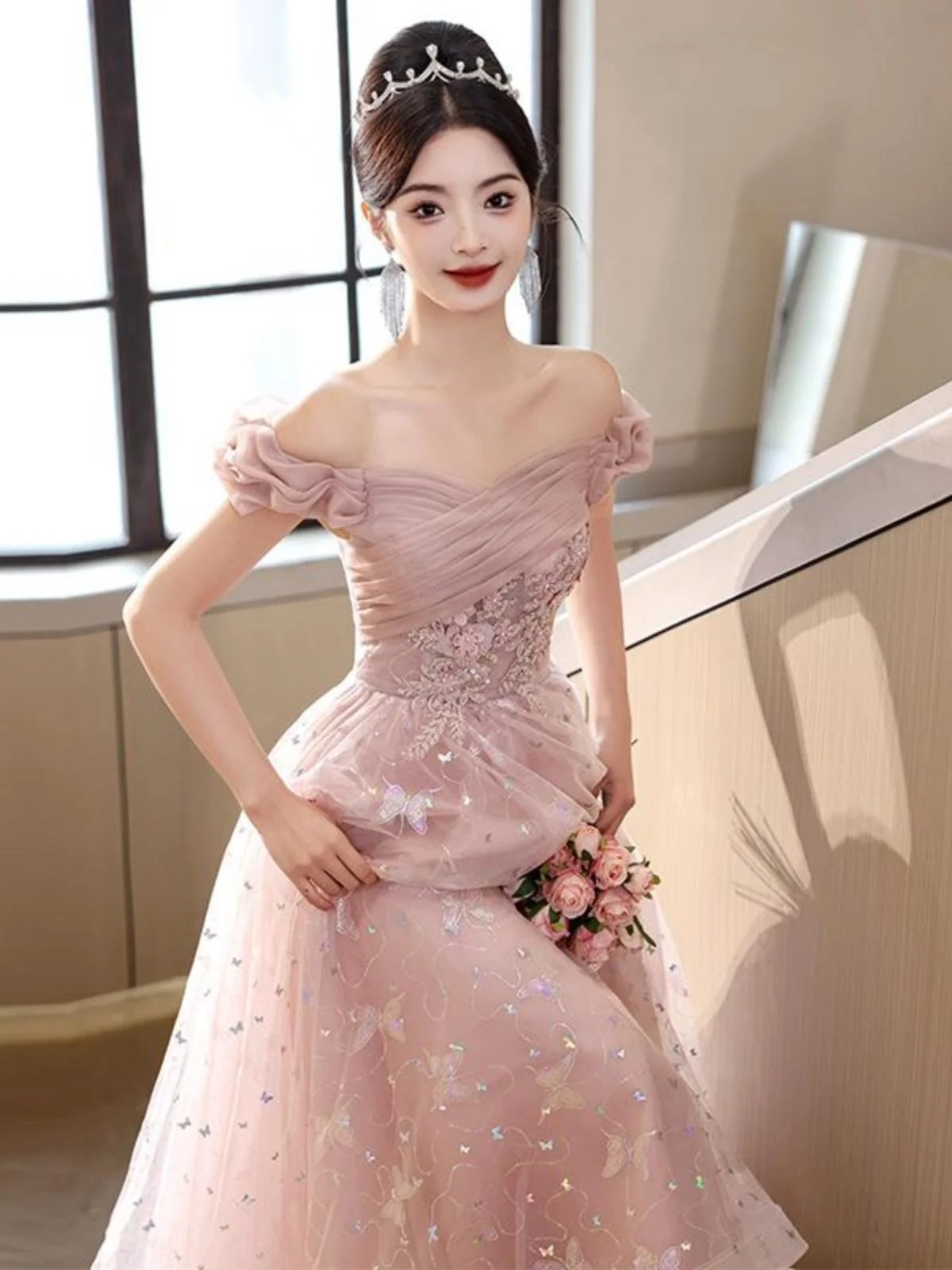 

Engagement Evening Gown Wine Toast Pink Luxury Sequin oulder Women's New One-oulder Host Suit Korean Sle Deep V Ne