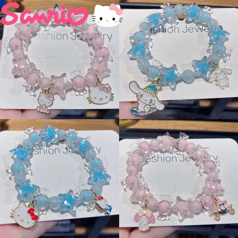 Sanrio Hello Kitty Crystal Beads Bracelet Cinnamoroll Melody Cartoon Pendant Bracelets Cute Jewelry Accessories for Girls Gifts