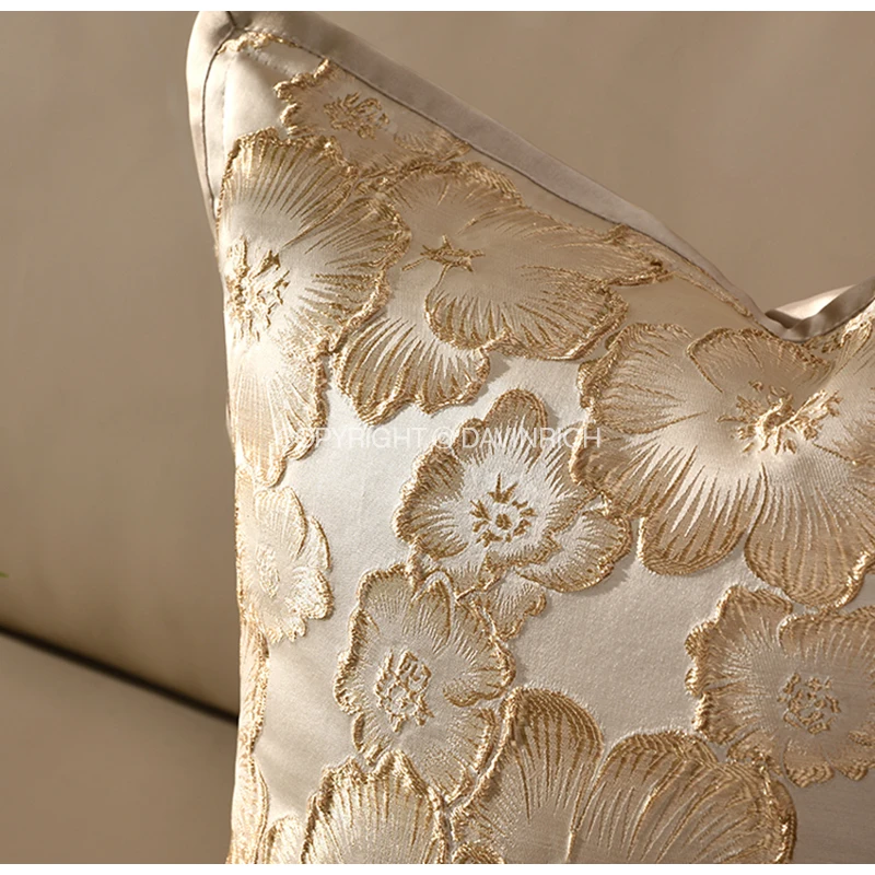 DAVINRICH Embossed Floral Decorative Cushion Cover European Style Relief Sculpture Champagne Throw Pillow Case Luxury Home Decor