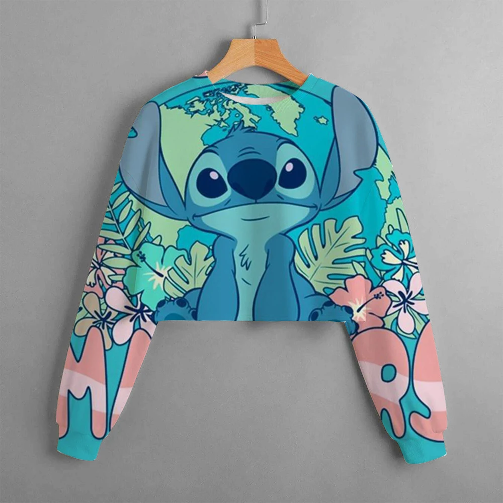 

2024 New Disney Children Clothes Stitch Girls Spring and Autumn Girls Short Sweatshirt Print Pullover Casual Cartoon Girls Top