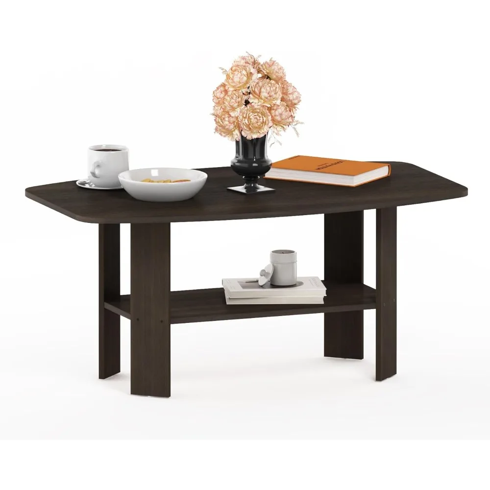 Tea Table, 35'' Modern Coffee Tables with Storage Shelf Dark Brown Coffee Table for Living Room Bedroom