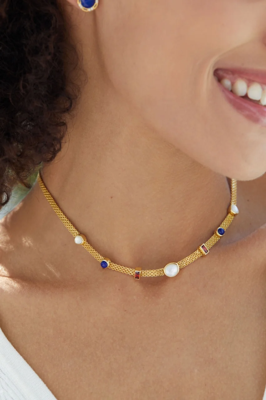 الحديثة 925 الفضة شبه الأحجار الكريمة المختنق اللازورد الطبيعي اللؤلؤ روبي العقيق تنس سلسلة حلية قلادة الدانتيل مجوهرات بيجو #5