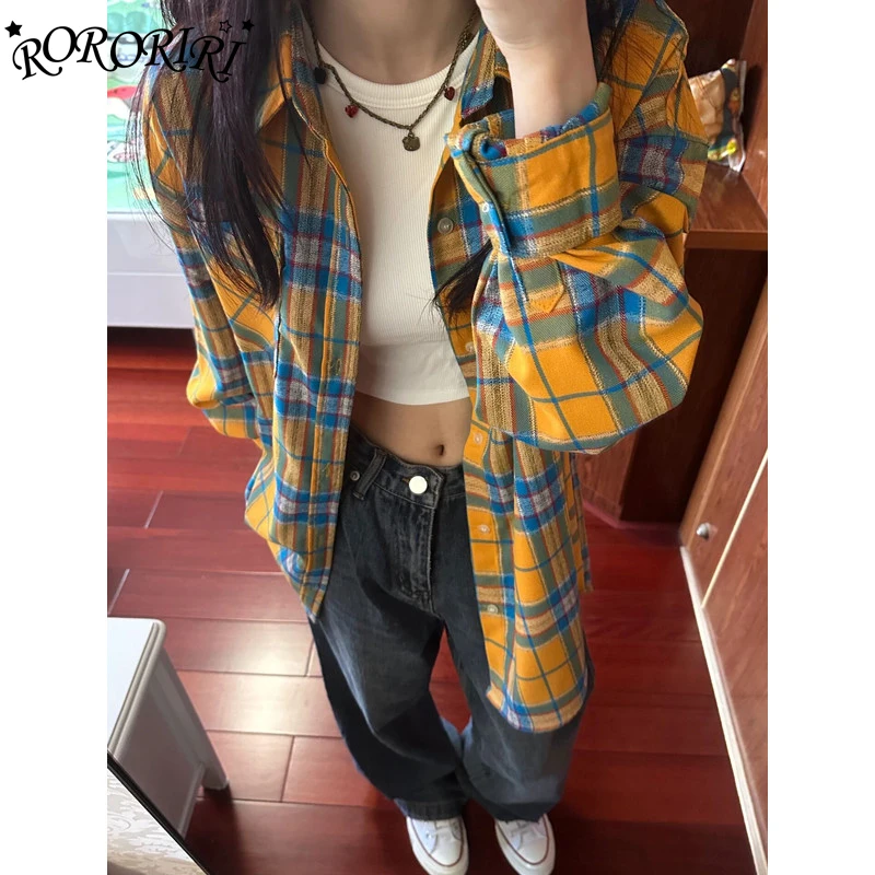 

RORORIRI корейская желтая клетчатая рубашка с длинным рукавом женская свободная повседневная блузка топ ретро куртка большого размера шикарная осенняя женская одежда