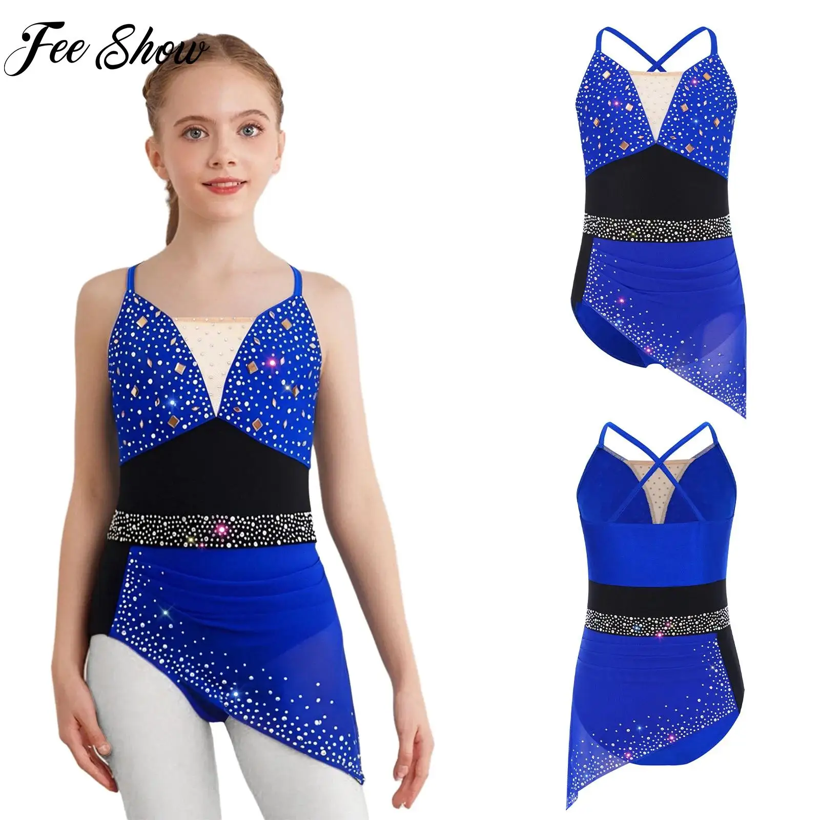 

New Style Kids Girl Artistic Sparkly Rhinestones Ruched Dress Figure Ice Skating Ballet Lyrical Modern Dance Performance Clothes