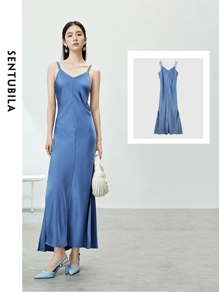 SENTUBILA Side Split Camisole Maxi Dress for Women 2024 Summer Fashion Sexy V Neck Sleeveless Long Dresses Party Club 141L53637