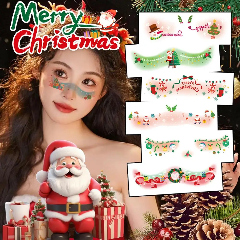 Autocollants de visage de noël, cloches, nœud, cœurs, étoiles, rubans, tatouage de fête, accessoires de taches de rousseur, autocollants temporaires imperméables, maquillage A5S5