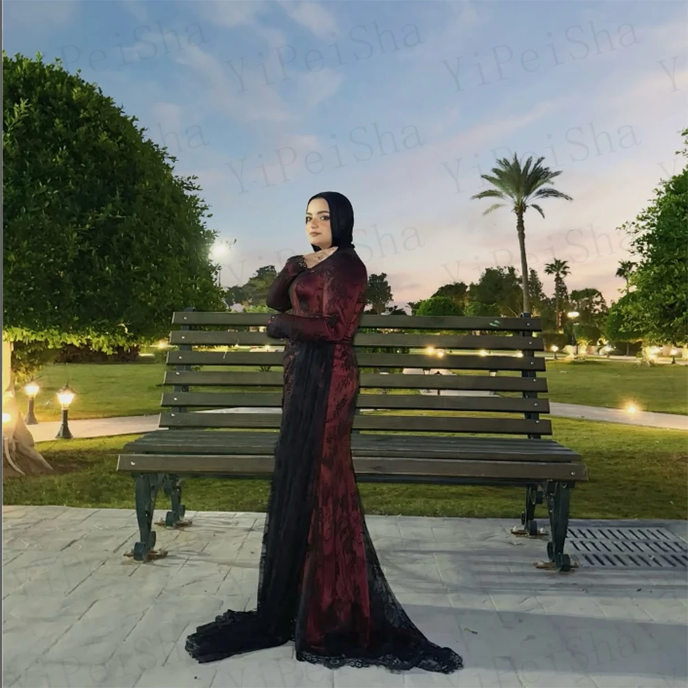 Gaun Prom Putri Duyung Kustom Gaun Malam Formal Lengan Penuh Leher-o Panjang Lantai Pesta Terbungkus Renda Fashion Sederhana