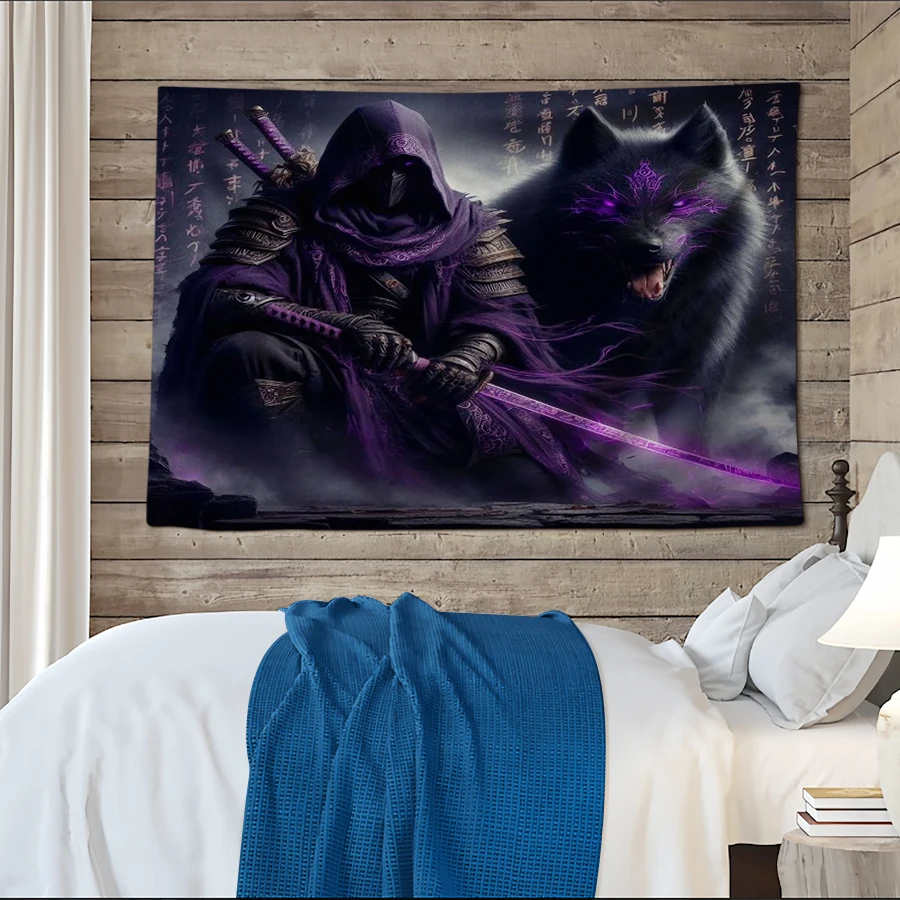 1PC Digital Printed Tapestry Wall Hanging, Purple Ninja Samurai Warrior Wolf, Dark Fantasy Gothic Wall Art Decor