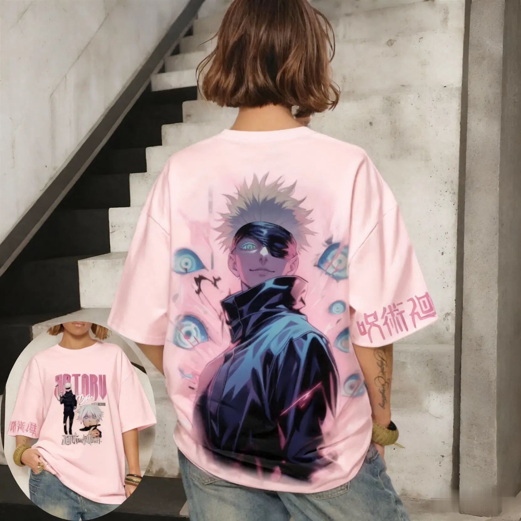 Jujutsu Kaisen Satoru Gojo Trend Rundhalsausschnitt Damen Eltern-Kind-Qualität Kurzarm-T-Shirt Sommer Übergroßes lockeres Sport-Top