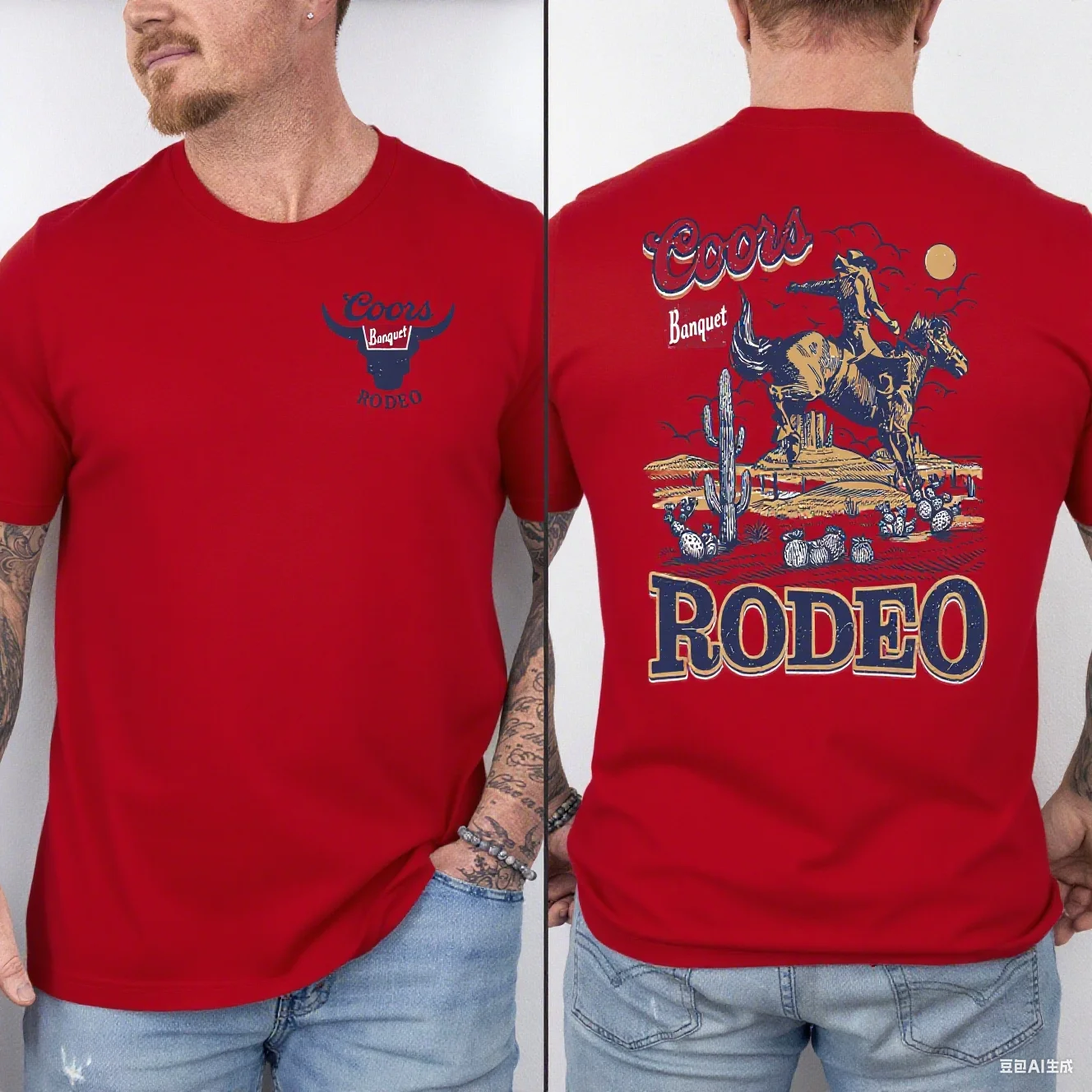 Men's Cotton Tee with Banquet Rodeo Artwork Classic Rodeo Design Front and Back Prints Streetwear Print New Arrival Tee S-4XL