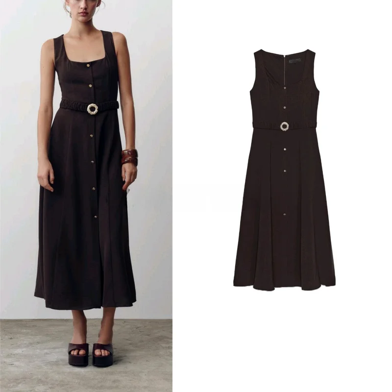 Été nouveauté femmes trajet Sle bouton décoré ceinturé col carré ter Midi Dr taille haute a-ligne jupe