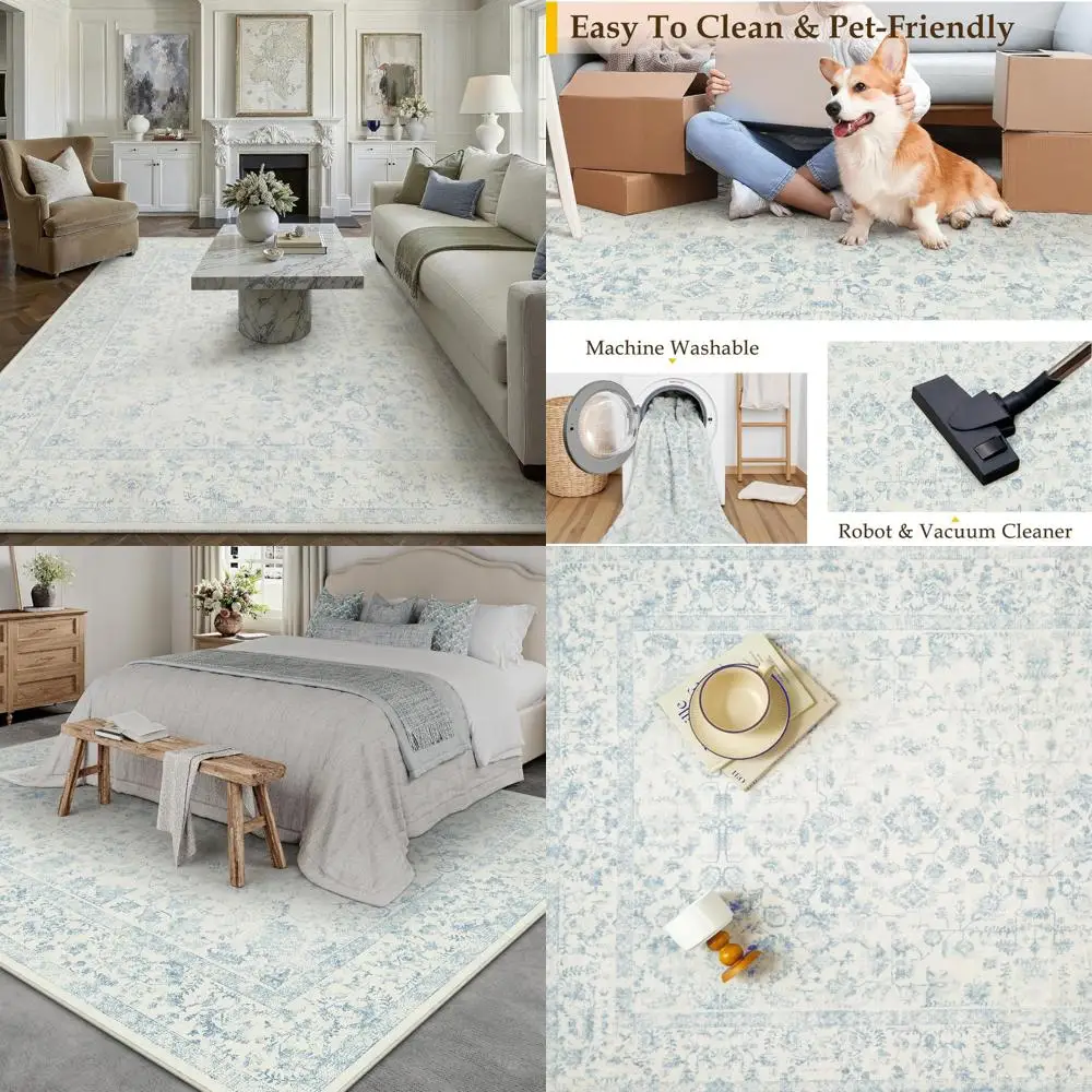 

Large Vintage Blue Area Rug 8x10 - Non-Slip, Distressed, Machine Washable, Suitable for Living Room and Bedroom