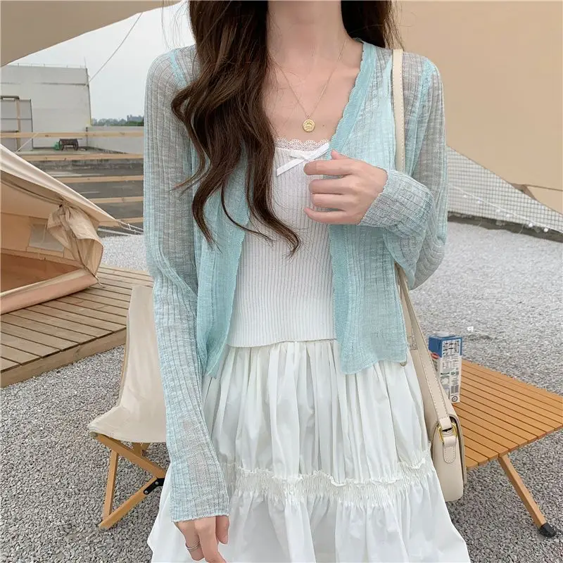 Knitted Sweater Thin Style Women's Summer Sunscreen Cardigan Solid Color Short Fit Air Conditioning Cover Shirt Trendy